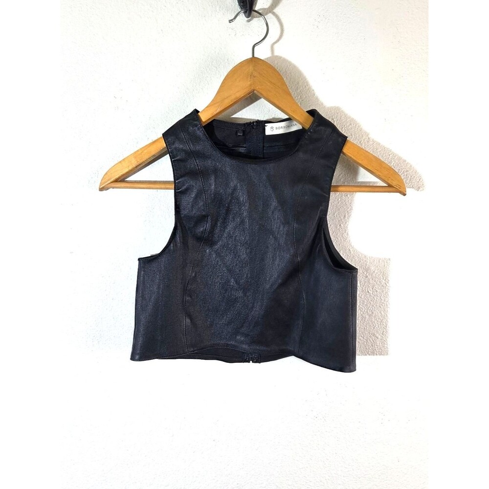 Borboniana Womens Small Black 100% Lambskin Leather Crop Top Sleeveless Shell